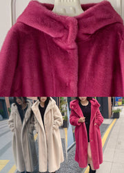 Bohemian Red Pockets Mink Hair Knitted Hoodie Long Coat Spring