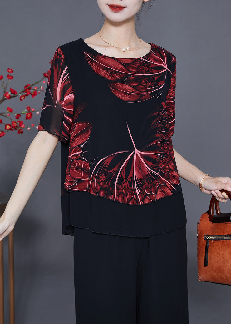 Bohemian Red Print Oversized Chiffon Two Piece Set Women Clothing Summer