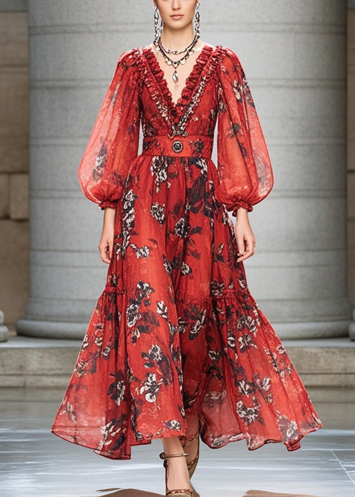 Bohemian Red Ruffled Print Chiffon Cinched Dress Fall