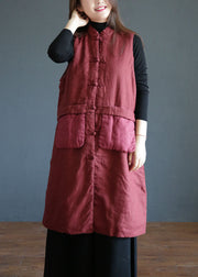 Bohemian Red Stand Collar Pockets Patchwork Fine Cotton Filled Vest Winter