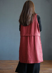 Bohemian Red Stand Collar Pockets Patchwork Fine Cotton Filled Vest Winter