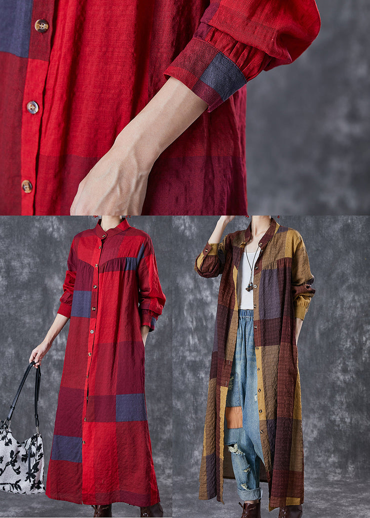 Bohemian Red Stand Collar Print Linen Long Dresses Fall