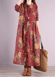 Bohemian Red Stand Collar Print Patchwork Cotton Long Dresses Fall