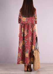 Bohemian Red Stand Collar Print Patchwork Cotton Long Dresses Fall