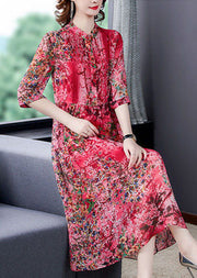 Bohemian Red Stand Collar Print Wrinkled Chiffon Vacation Dresses Half Sleeve