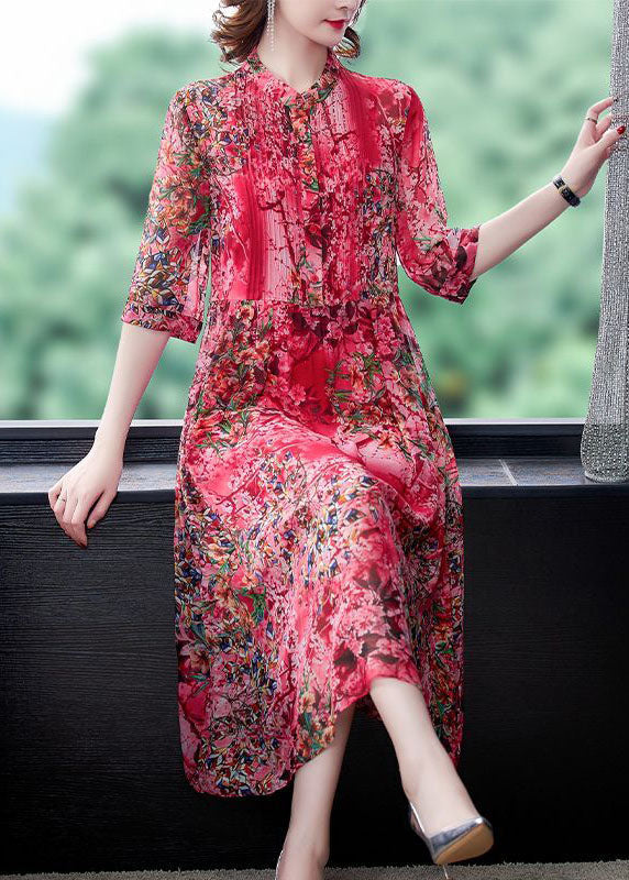 Bohemian Red Stand Collar Print Wrinkled Chiffon Vacation Dresses Half Sleeve