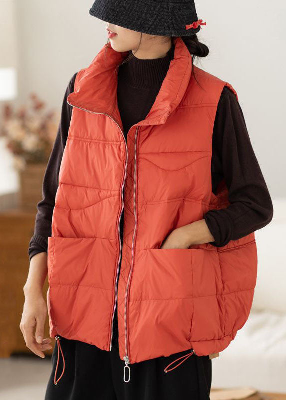 Bohemian Red Stand Collar Zip Up Pockets Drawstring Duck Down Vest Winter