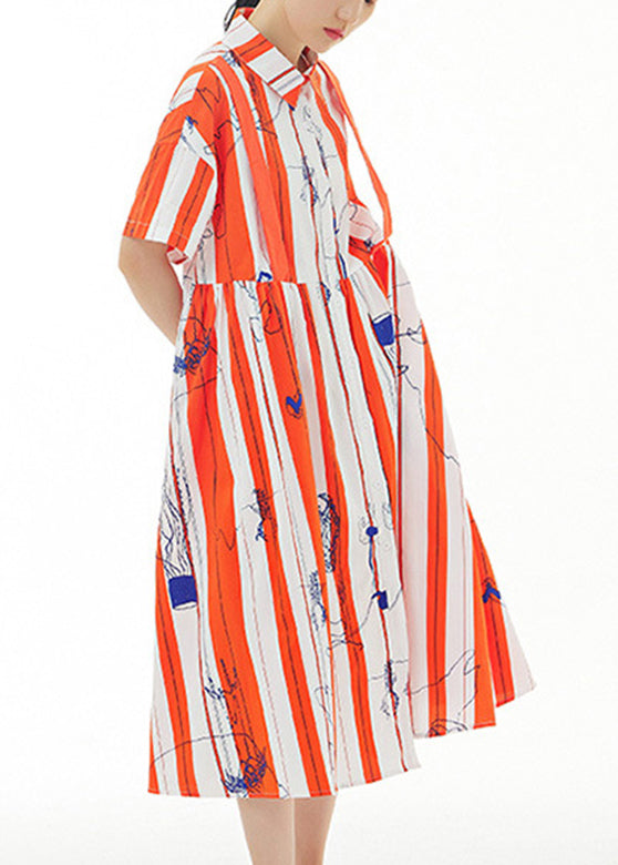 Bohemian Red Striped Peter Pan Collar Print Cotton Maxi Shirt Dress Summer