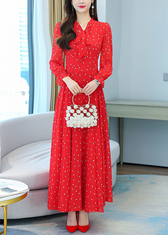 Bohemian Red V Neck Bow Print Chiffon Maxi Dresses Lantern Sleeve