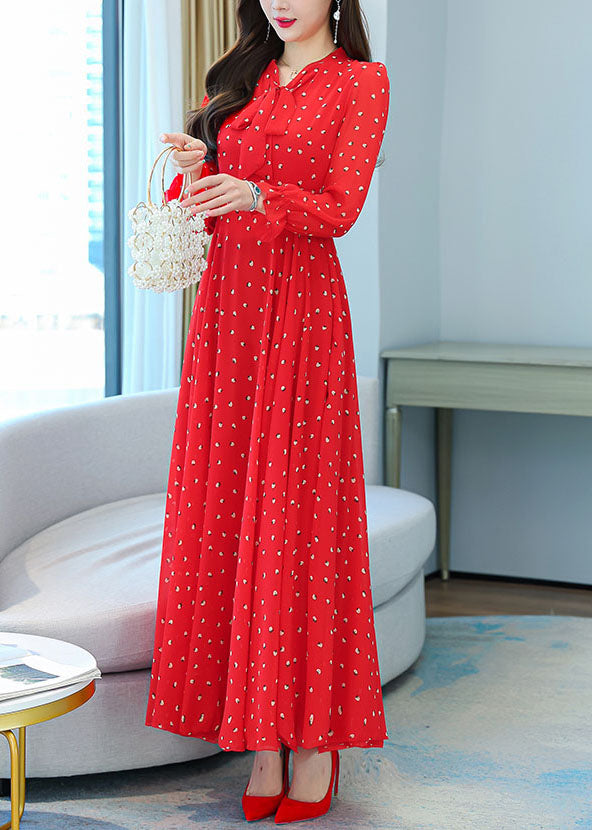 Bohemian Red V Neck Bow Print Chiffon Maxi Dresses Lantern Sleeve