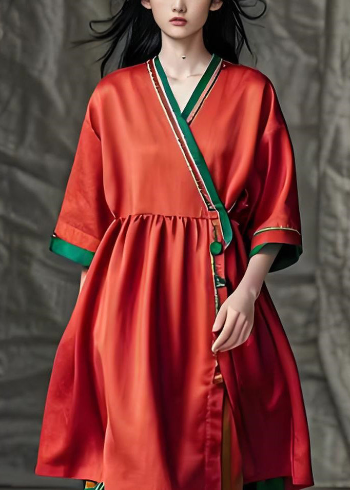Bohemian Red V Neck Patchwork Loose Cotton Dress Summer