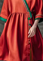 Bohemian Red V Neck Patchwork Loose Cotton Dress Summer