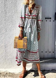 Bohemian Red V Neck Print Lace Up Cotton Long Dresses Spring