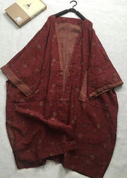 Bohemian Red V Neck Print Pockets Linen Cardigans Spring