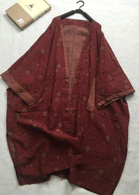 Bohemian Red V Neck Print Pockets Linen Cardigans Fall