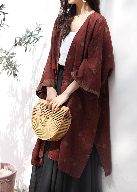 Bohemian Red V Neck Print Pockets Linen Cardigans Spring