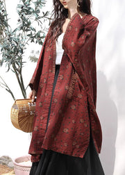 Bohemian Red V Neck Print Pockets Linen Cardigans Spring