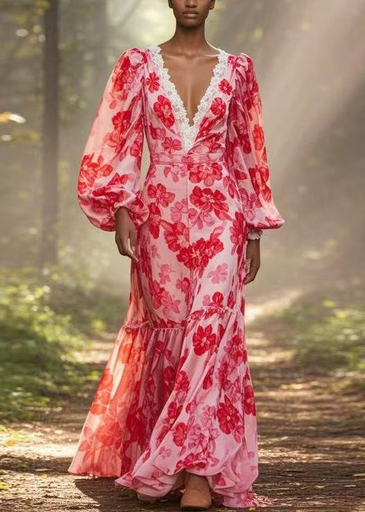 Bohemian Red V Neck Print Ruffled Chiffon Long Dress Spring