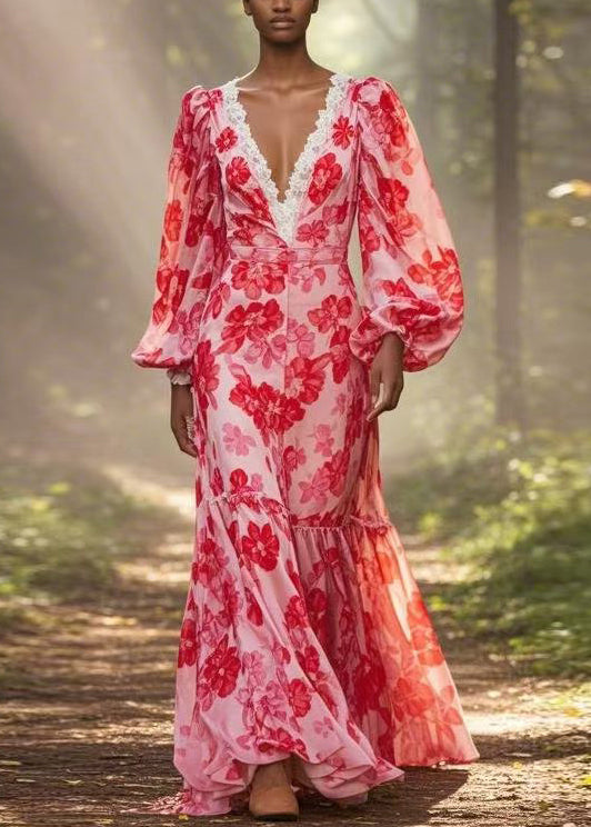 Bohemian Red V Neck Print Ruffled Chiffon Long Dress Spring