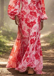 Bohemian Red V Neck Print Ruffled Chiffon Long Dress Spring