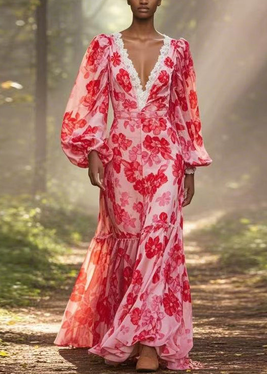 Bohemian Red V Neck Print Ruffled Chiffon Long Dress Spring