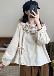 Bohemian Retro White Embroidered Lace Up Corduroy Shirt Spring