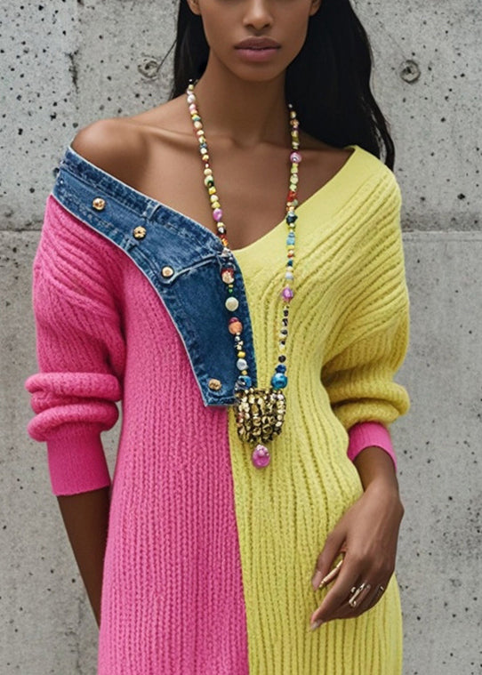 Bohemian Rose Asymmetrical Patchwork Denim Knitted Dress Fall