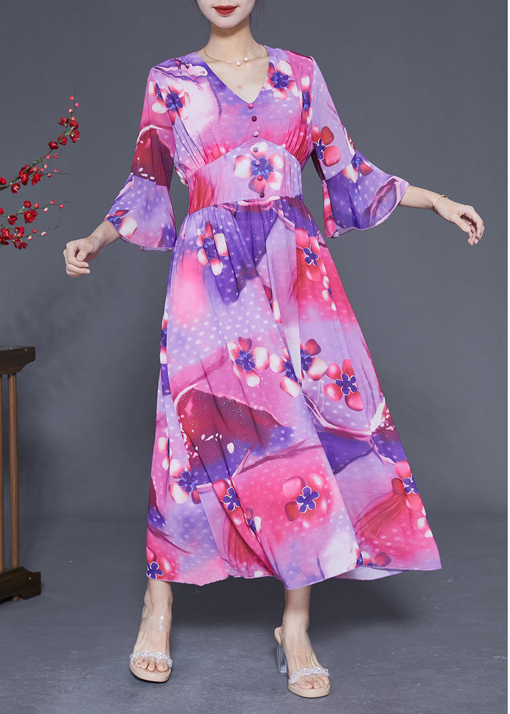 Bohemian Rose Cinched Patchwork Print Silk Vacation Dress Summer