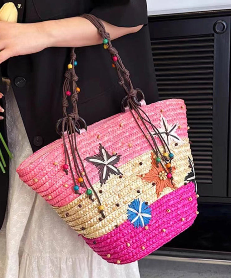 Bohemian Rose Handmade Straw Woven Satchel Bag Handbag