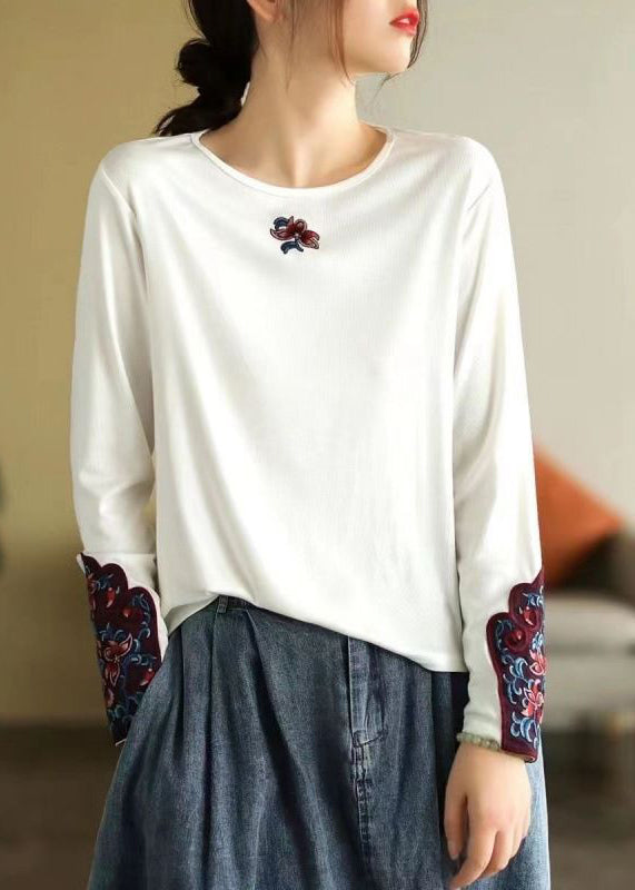 Bohemian Rose O Neck Embroidered Cotton T Shirts Spring