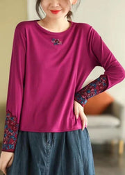 Bohemian Rose O Neck Embroidered Cotton T Shirts Spring