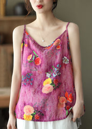 Bohemian Rose O Neck Print Patchwork Linen Tank Sleeveless