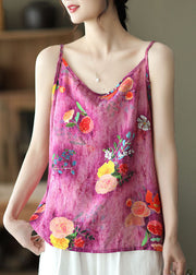 Bohemian Rose O Neck Print Patchwork Linen Tank Sleeveless