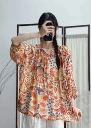 Bohemian Rose Ruffled Print Patchwork Linen Shirt Tops Summer