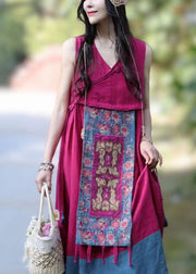 Bohemian Rose V Neck Patchwork Linen Dresses Sleeveless