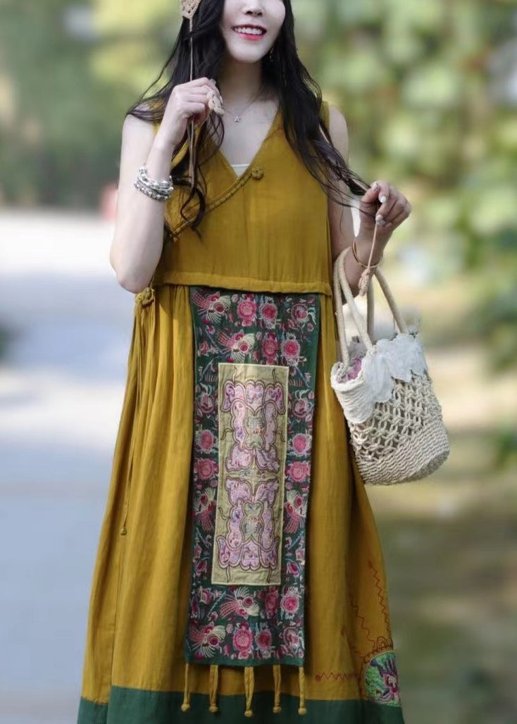 Bohemian Rose V Neck Patchwork Linen Dresses Sleeveless