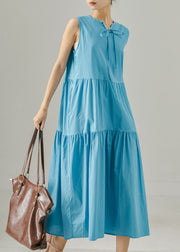 Bohemian Sea Blue Lace Up Patchwork Cotton Dress Sleeveless