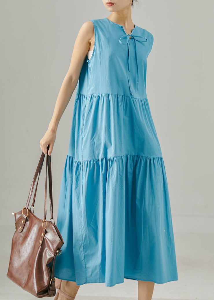 Bohemian Sea Blue Lace Up Patchwork Cotton Dress Sleeveless