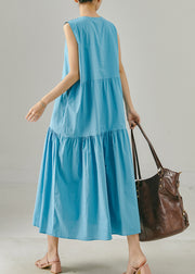 Bohemian Sea Blue Lace Up Patchwork Cotton Dress Sleeveless