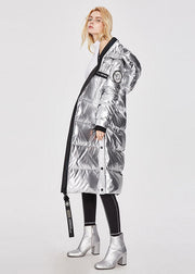 Bohemian Silvery Stand Collar Zip Up Side Open Duck Down Winter Lengthen Coats