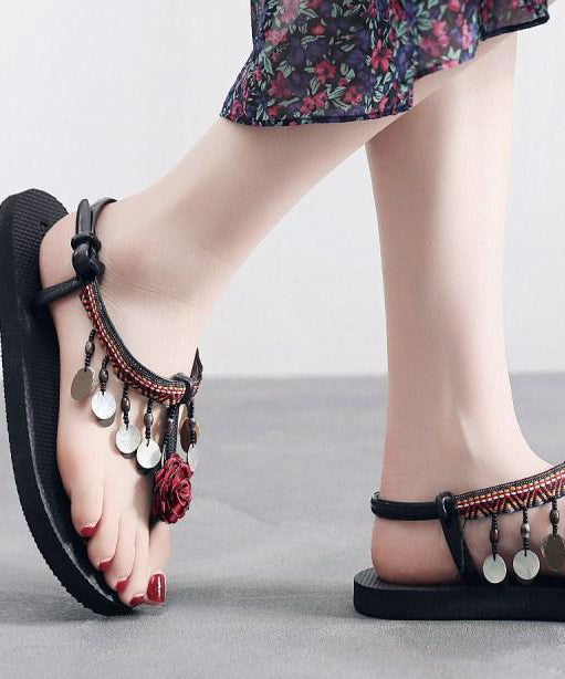 Bohemian Splicing Sequins Red Peep Toe Flat Sandals