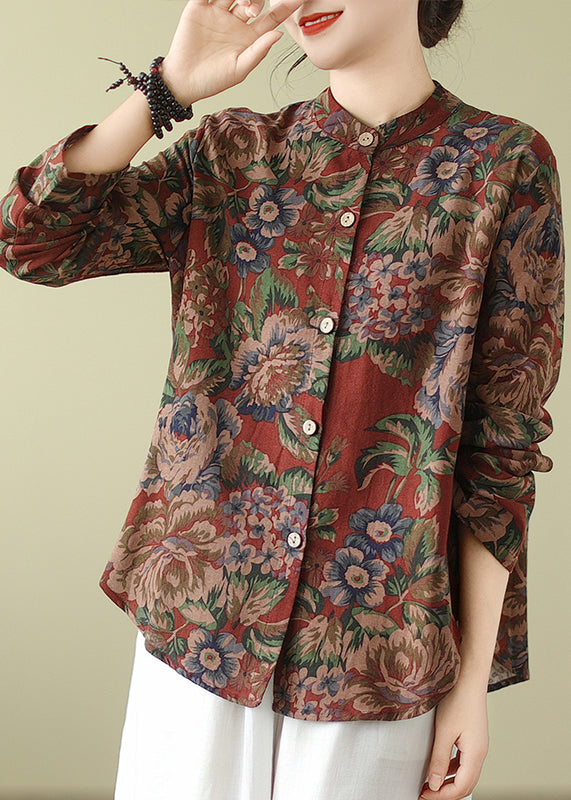 Bohemian Stand Collar Print Button Cotton Coats Fall