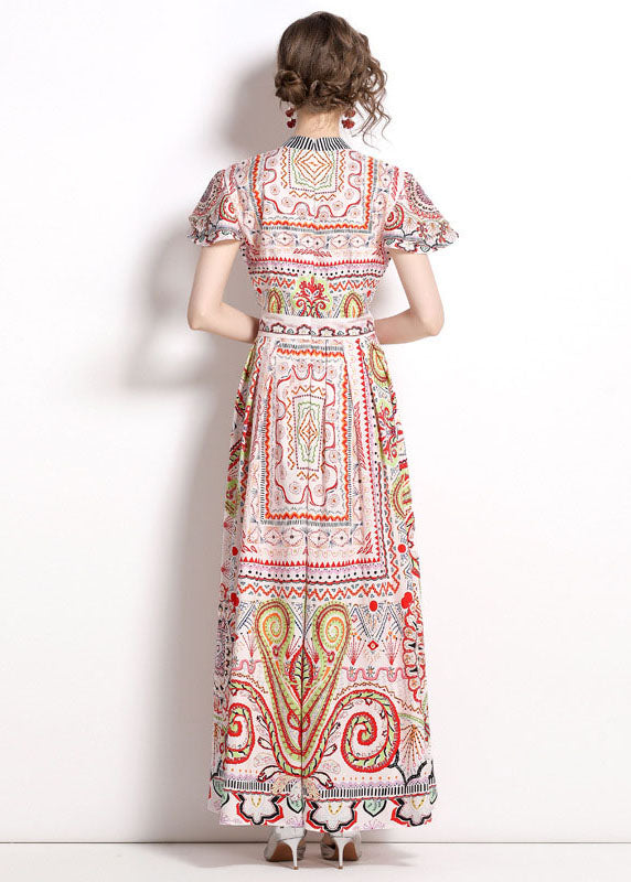 Bohemian Stand Collar Print Wrinkled Patchwork Chiffon Maxi Dresses Summer