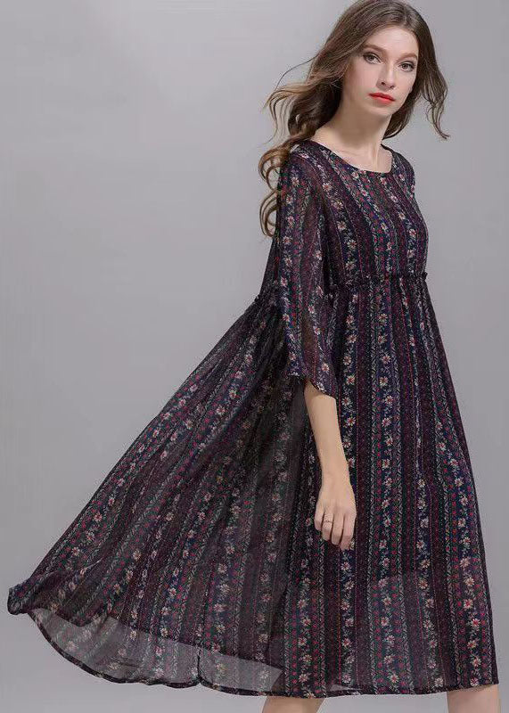 Bohemian Striped O Neck Wrinkled Patchwork Chiffon Dresses Half Sleeve