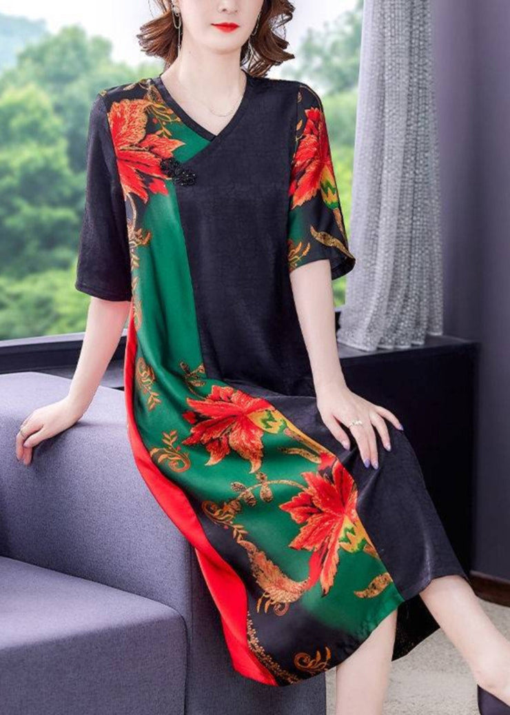 Bohemian V Neck Patchwork Print Button Silk Maxi Dresses Short Sleeve