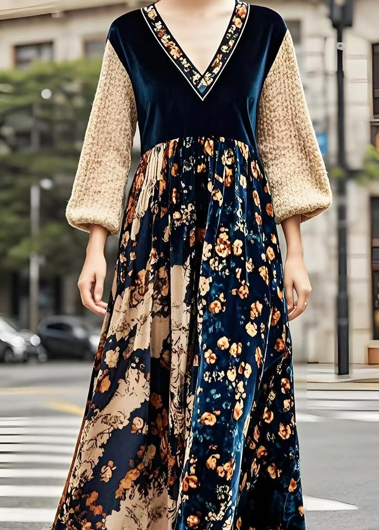 Bohemian V Neck Patchwork Print Silk Velvet Maxi Dresses Spring