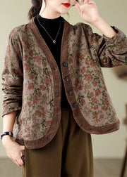 Bohemian V Neck Print Button Fine Cotton Filled Jackets Spring