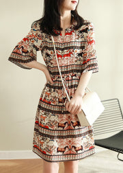 Bohemian V Neck Print Chiffon Dress Flare Sleeve