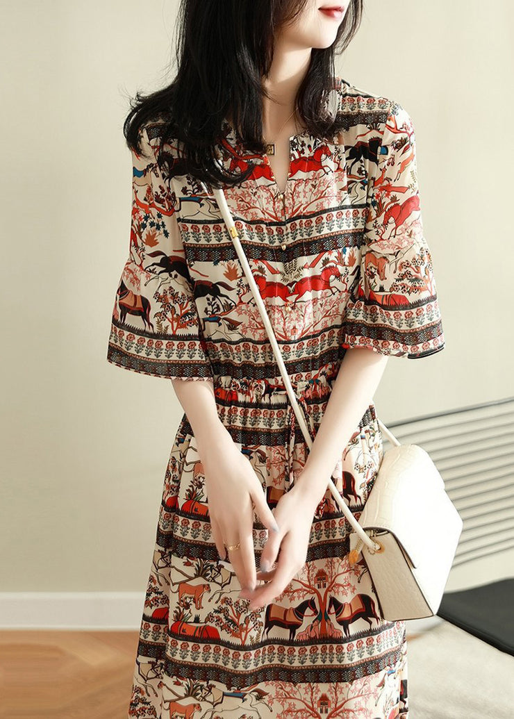 Bohemian V Neck Print Chiffon Dress Flare Sleeve