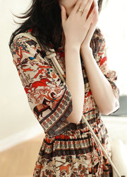 Bohemian V Neck Print Chiffon Dress Flare Sleeve